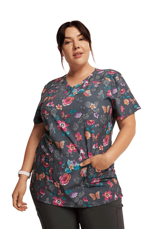 Dickies EDS Butterflies Abloom Women's V-Neck Print Scrub Top-Front