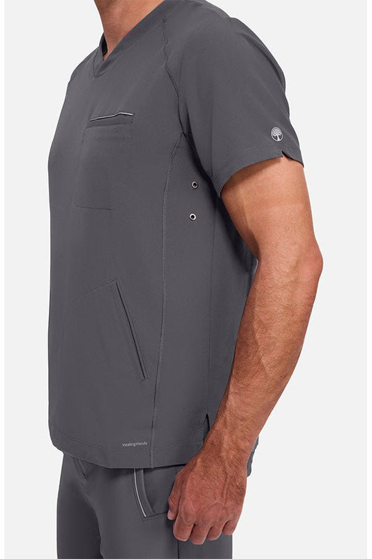 Side view of Healing Hands 360 Men's Steven Scrub Top HH2382 Pewter – Modern fit V-neck scrub top available in Kuwait and GCC