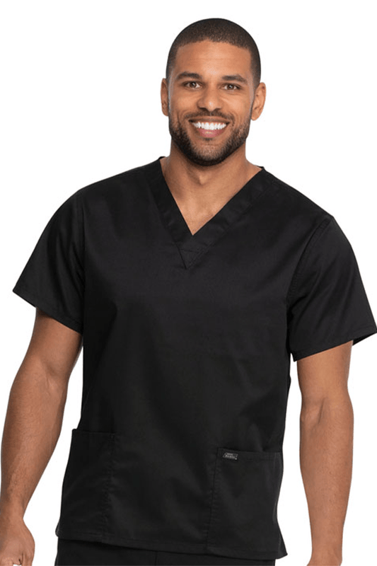 Man wearing a black scrub top on a white background