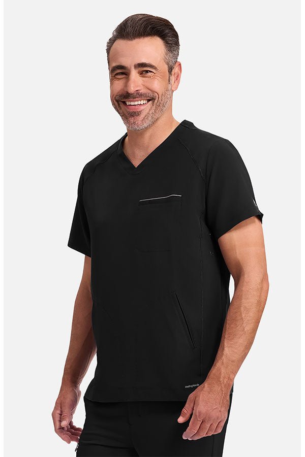 Left view of Healing Hands 360 Men's Steven Top Black HH2382 – Modern fit medical uniform in Kuwait GCC