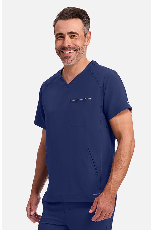 Righ view Healing Hands 360 Men's Steven Top HH2382 Navy – V-neck modern fit scrub top available in Kuwait GCC