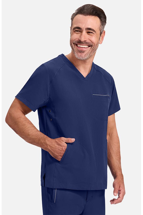 Left view Healing Hands 360 Men's Steven Top HH2382 Navy – V-neck modern fit scrub top available in Kuwait GCC