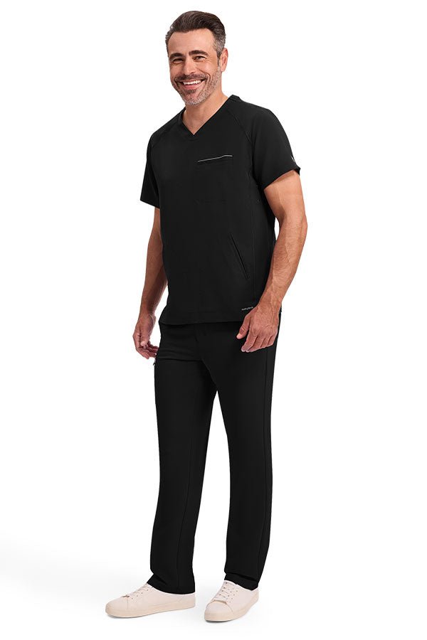 Front view of Healing Hands 360 Men's Steven Top & Noah Pant Scrub Set Black HH2382 & 9173.