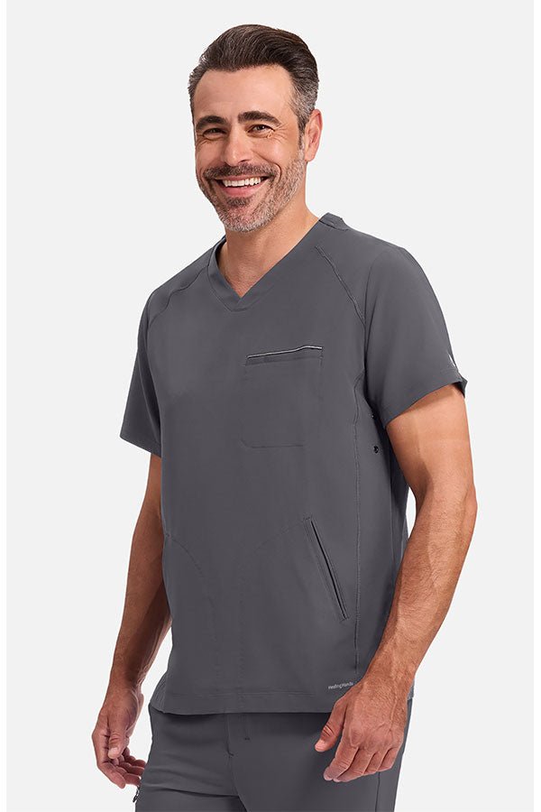 Left side view of Healing Hands 360 Men's Steven Scrub Top HH2382 Pewter – Modern fit V-neck scrub top