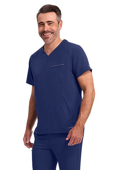 Front view of Healing Hands 360 Men's Steven Top Navy- HH2382. Modern fit medical uniform in Kuwait GCC.