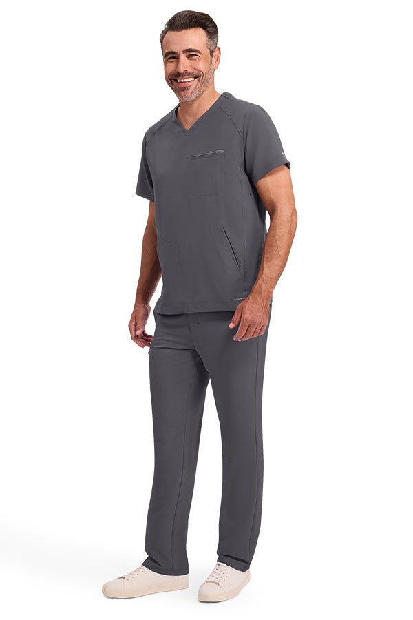 Front view of Healing Hands 360 Men's Steven Top & Noah Pant Scrub Set- Pewter– Modern fit medical uniform in Kuwait and GCC.