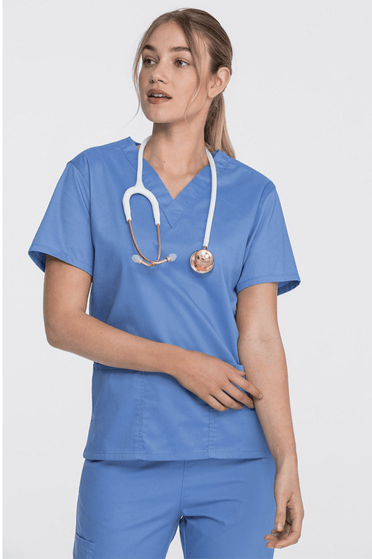 Person wearing blue medical scrubs with a stethoscope on a white background
